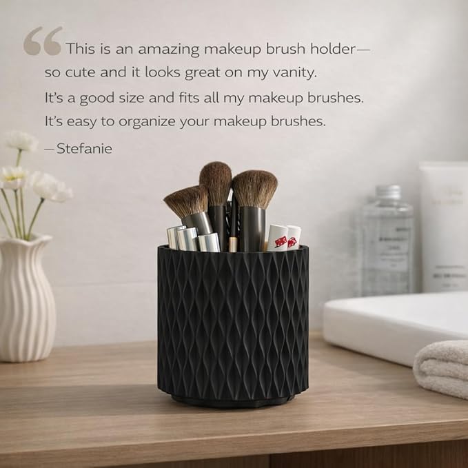 360° Rotating Makeup Brush Holder, 5-Slot Cosmetic Organizer Cup for Vanity, Desk & Bathroom Countertop, Black