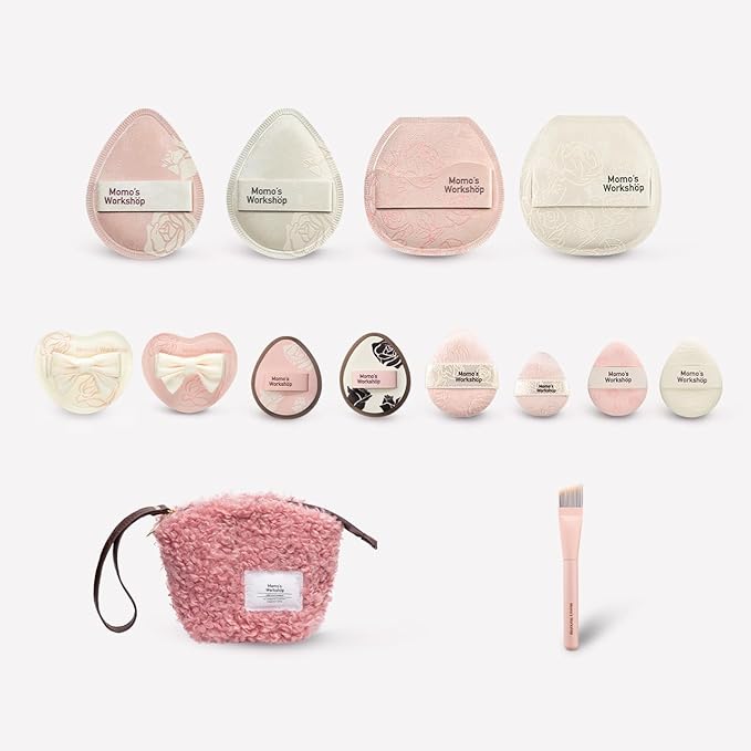 Rose Series Makeup Sponge & Brush Set, 13-Piece Beauty Puffs Kit with Beauty Pouch, High-Density Rubycell & Velour Puffs for Foundation, Concealer, Powder