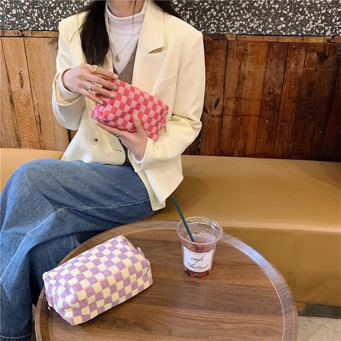 PAZIMIIK Checkered Makeup Bag for Purse Portable Zipper Make Up Pouch Small Cosmetic Case for Travel Accessories (2PCS Purple)