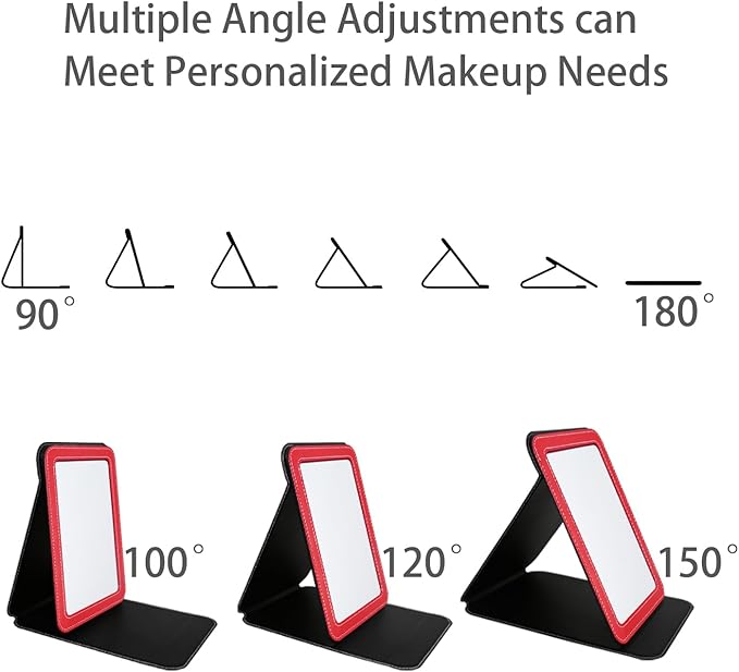 Travel Mirror for Desk, 6.5×8.9” Adjustable Rectangle PU Edge Covering Red Foldable Desk Mirror with Stand for Travel Camping Home (Red)