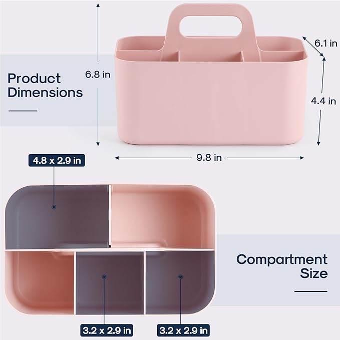 Multiuse Caddy Organizer with Handle - Stackable Plastic Tote Bin - Art Craft Supplies, Office, Desk, Stationery Pen Holder, Kitchen, Utensil, Makeup, Bathroom, Shower, Cleaning, Dorm Organizer - Pink