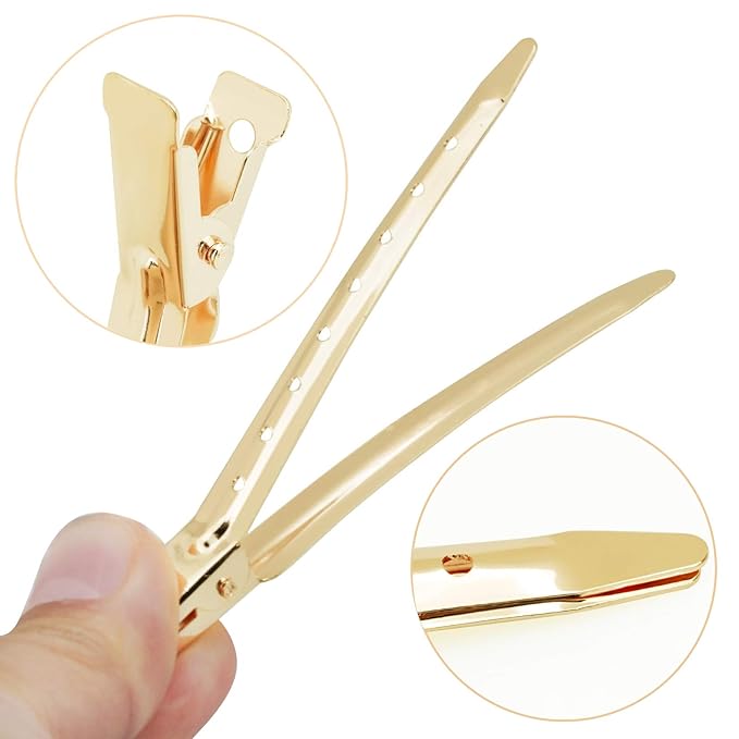 24 Packs Duck Bill Clips, Bantoye 3.35 Inches Rustproof Metal Alligator Curl Clips with Holes for Hair Styling, Hair Coloring, Gold