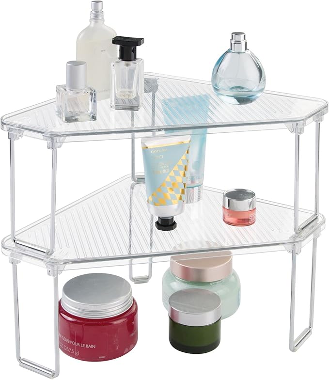 mDesign Plastic/Steel Corner Stackable Rack, Storage Organizer Shelf for Bathroom, Vanity, Countertop, Sink, Cabinet, Holds Makeup, Shower Accessories, Ligne Collection - 4 Pack - Clear