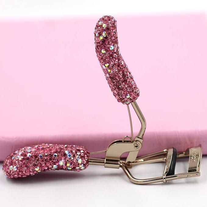 Bling Makeup Eyelash Curler with Refill Silicone Pressure Pads and Spring Loaded for No Pinching or Pulling (Pink)