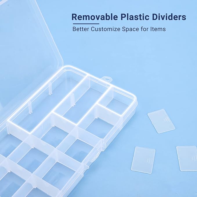 Bead Organizer Box, 2PCS 15 Compartment Craft Storage Container with Removable Divider, Plastic Empty Case for Jewelry Rhinestone Charms Crystal Press On Fake Nail, Hair Stuff Small Accessory