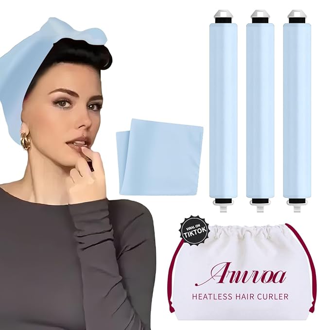 Heatless Hair Curler Heatless Curls Overnight Heatless Blowout with Luxury Cloth Bag Silk Scarf, Curling Rod Headband to Sleep in No Heat Curling with (Blue, 3Rods)