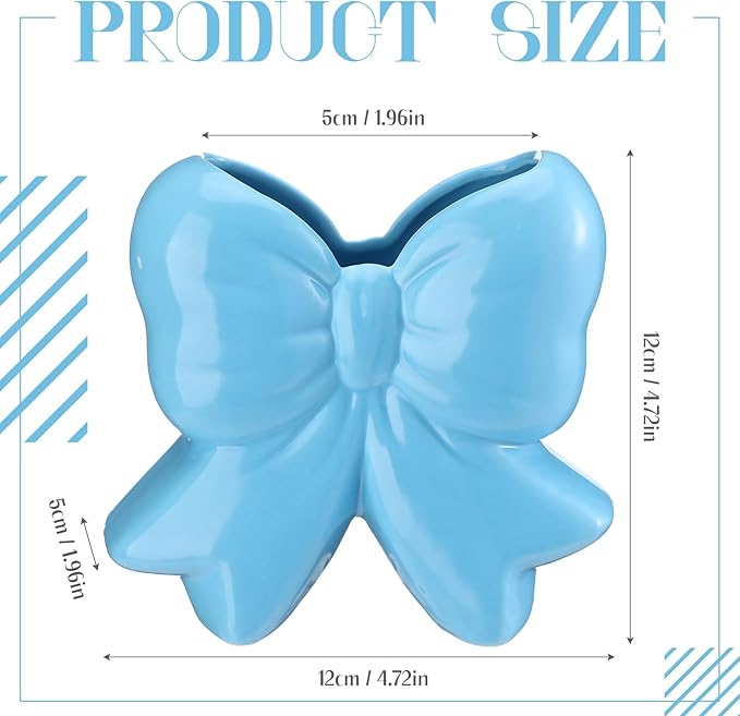 Bow Vase Coquette Ceramic Vase Pen Holder Makeup Brush Holder Contemporary Design Decorative Women Gift for Christmas Home Office Shelf Table Room(Blue,Small,Classic)