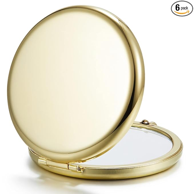 Compact Mirror Bulk, Pack of 6 Double-Sided 1X/2X Magnifying Metal Makeup Mirrors(Round, Gold)