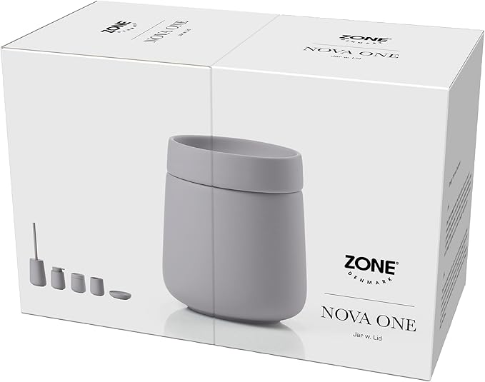 Zone Denmark Nova One Ceramic Storage Box with Lid for Bathroom Utensils such as Cotton Pads & Cotton Buds Diameter 3.3", Height 3.39", Capacity 290 ml,Gull Grey