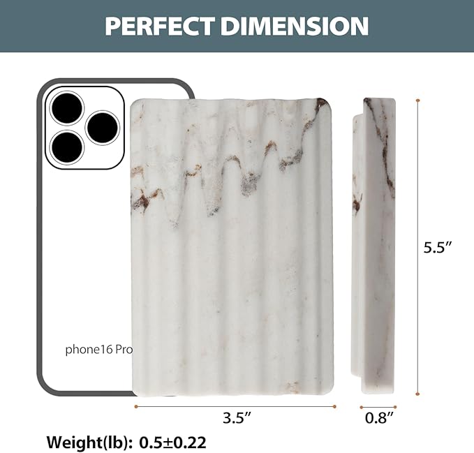 2PCS Koville Italian Natural Marble Soap Dish for Shower, Multi-Color Stone Soap Tray for Bathroom, Bar Soap Holder for Sink, Stripe Grooves Soap Saver Sponge Holder (White/Brown Random)
