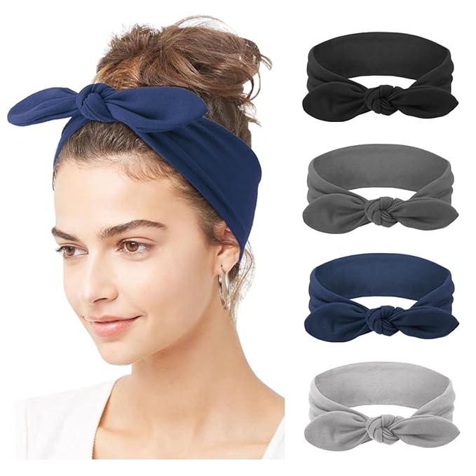 DRESHOW 4 Pack Adjustable Knotted Headbands Non Slip Elastic Yoga Hair Bands Solid Colors Headbands for Women and Girls