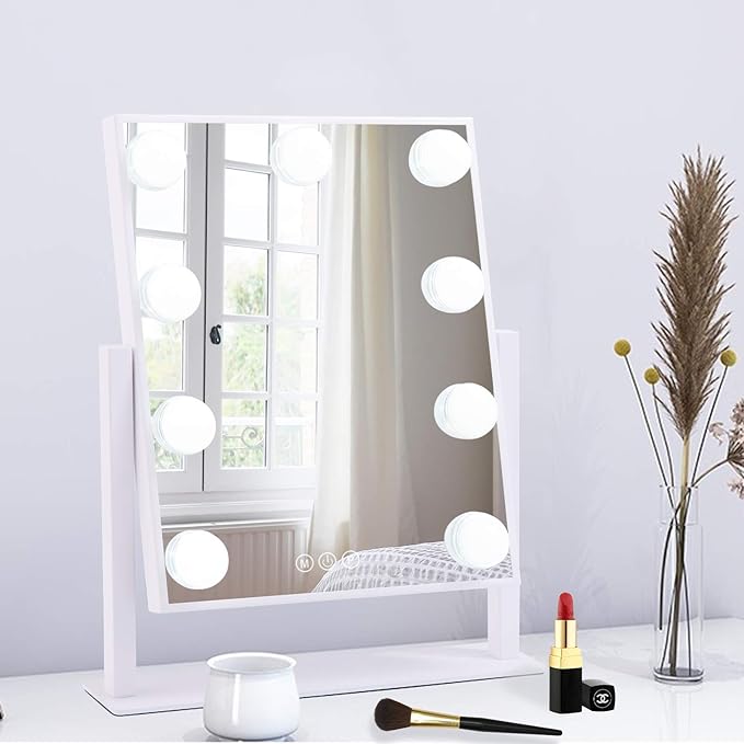 Lighted Makeup Mirror Hollywood Mirror Vanity Mirror with Lights, Touch Control Design 3 Colors Dimable LED Bulbs, Detachable 10X Magnification, 360°Rotation, (White) 12" L x 14" W