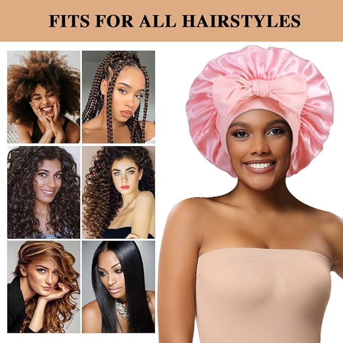 2+3 Large Satin Bonnets with Scrunchies for Women, Hair Bonnet Sleeping Tie Bonnet for Braids Curly Hair