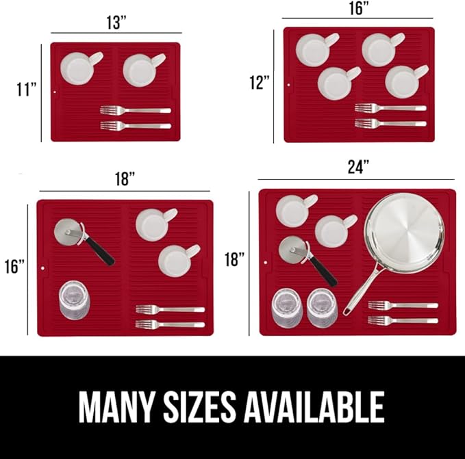 GORILLA GRIP 100% BPA-Free Patented Silicone Dish Drying Mat for Kitchen Counter, 18x16 Inch, Water Catching Ribbed Design, Easy Clean Waterproof Sink Liner, Heat Resistant, Fits Under Rack, Red