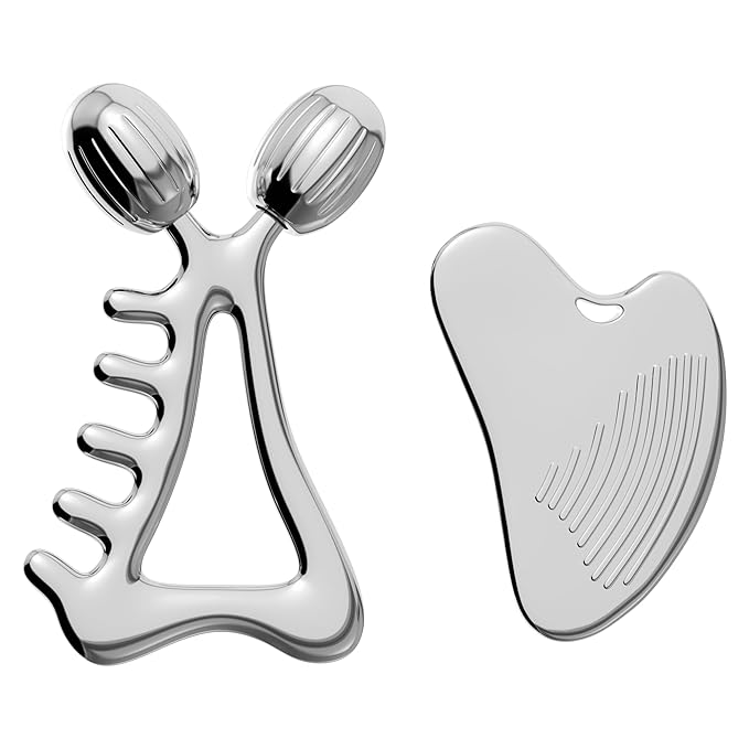 Gua Sha Facial Tools & Face Roller Set, Stainless Steel Facial Massager Tools for Lymphatic Drainage & Face Sculpting, Textured Guasha for Better Grip, Double Chin Reducer, Skincare Gift for Women