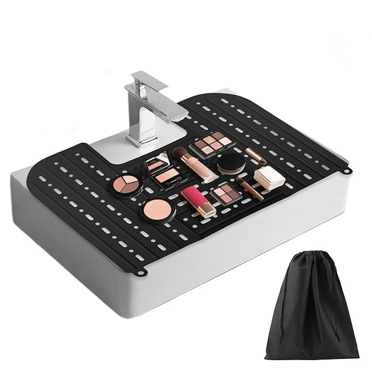 Bathroom Sink Cover for Counter Space With Storage Bag, 22 * 17" Foldable Sink Cover,Silicone Beauty Makeup Brush Cleaning Mat,for Counter Space & Storage Saver(black)