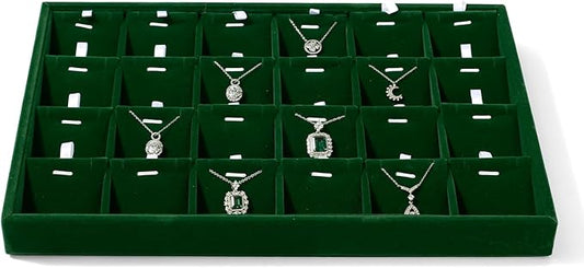 24 Grids Velvet Necklace Tray Necklace Holder Storage Jewelry Display Tray for Drawers With Removable Jewellery Cards for Bracelet Chain Pendant (Green)