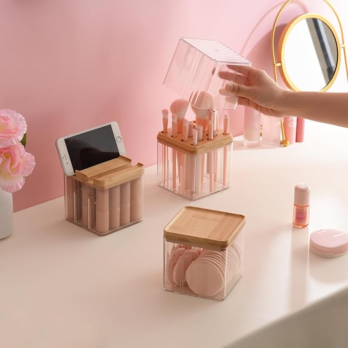 Makeup Brush Holder Comb with Cover Makeup Containers Organizers Set Makeup Holder Box Cosmetic Case With Lid Waterproof Dustproof Beauty Skincare Organizer Bathroom Vanity Countertop,Gift,Clear，3PCS