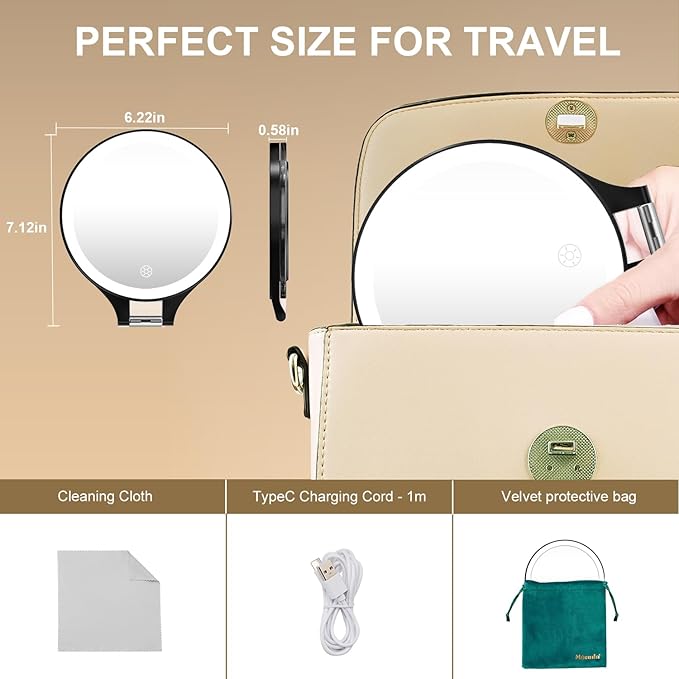 Mocado Travel Makeup Mirror with Light, 1X/20X Magnifying, Double Sided, 3 Color Light, Dimmable Touch, Rechargeable, Tabletop Standing, Black, Modern Style