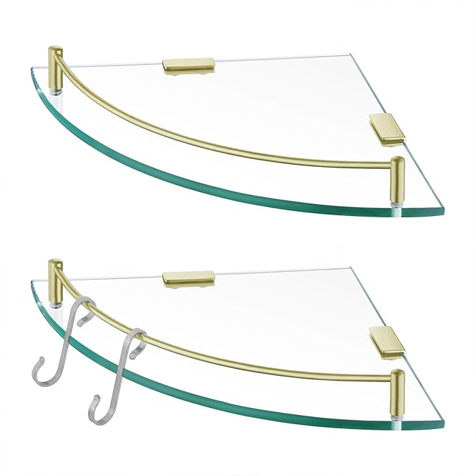 KES Glass Corner Shelf with Hooks 18/8 Stainless Steel, Tempered Glass Bathroom Corner Shelf with Rail, Shower Glass Shelf 2 Pack Wall Mounted, Brushed Gold, BGS2101A-BZ-P2