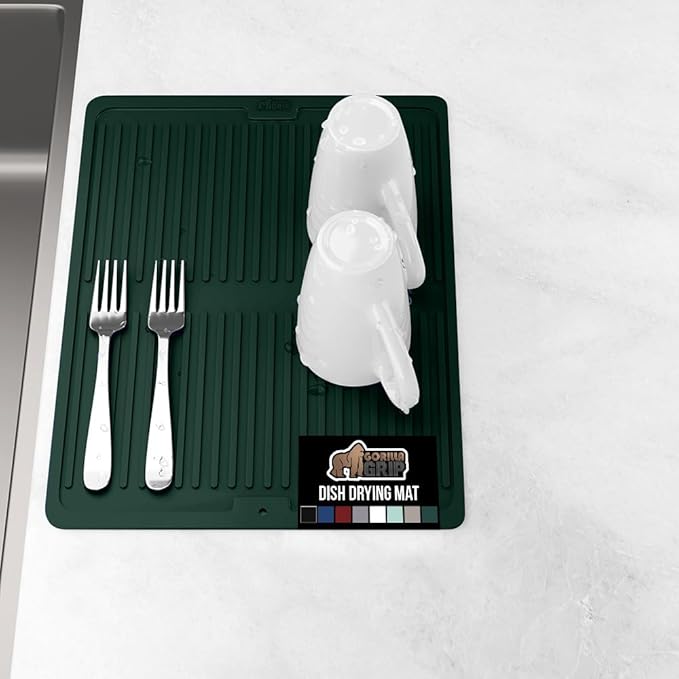 GORILLA GRIP 100% BPA-Free Silicone Dish Drying Mat for Kitchen Counter, Quick Dry, Water Catching Ribbed Design, Easy Clean Waterproof Sink Liner, Heat Resistant, Fits Under Rack, 11x13, Hunter Green