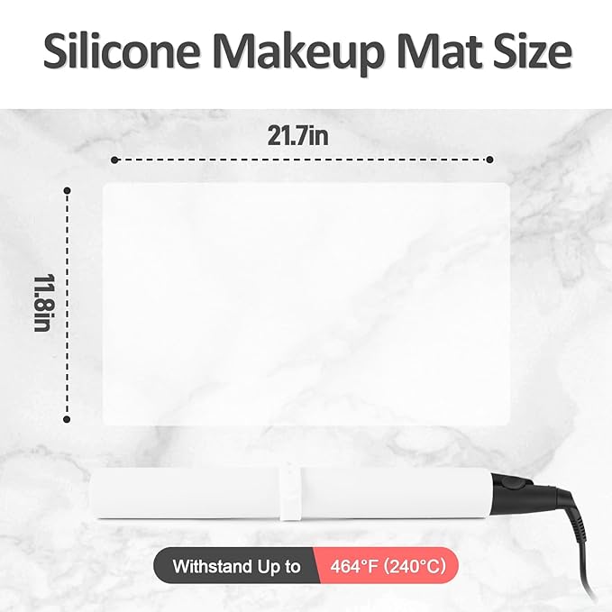 Silicone Makeup Mat for Vanity, 21.7" x 11.8" Heat Resistant Vanity Mat, Easy to Clean & Waterproof, Portable Makeup Accessories for Use While Traveling (White Translucent)