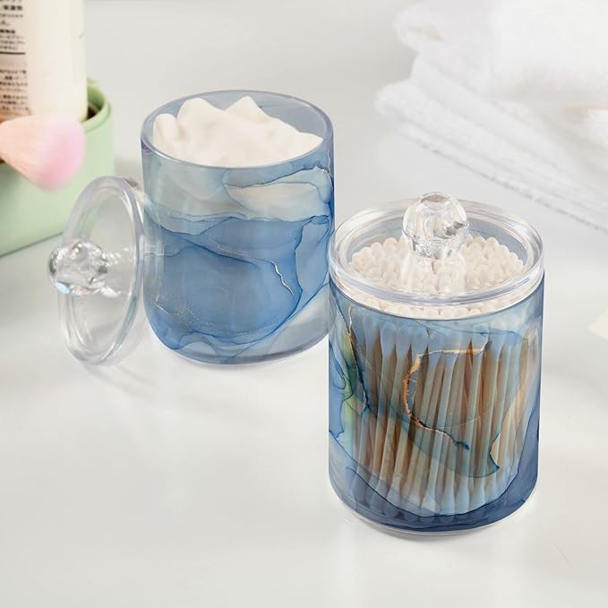 2 Pack Qtip Holder Dispenser Blue Marble Bathroom Storage Canister Lid Acrylic Plastic Apothecary Jar Set Vanity Makeup Organizer for Cotton Swabs/Pads/Floss