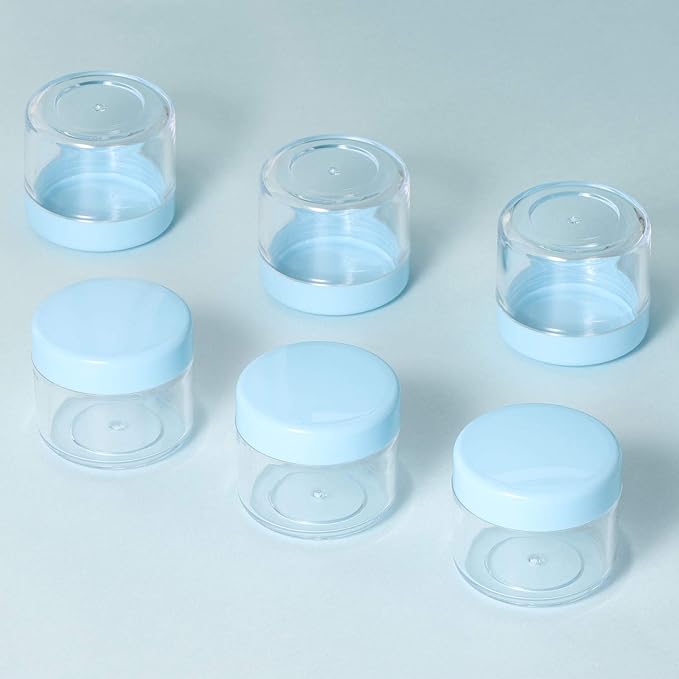 Refillable Cosmetic Sample Jars - 100 Pack 20g (0.7oz) Blue Small Travel Containers with Lids + 10 Mini Makeup Spatulas - BPA Free