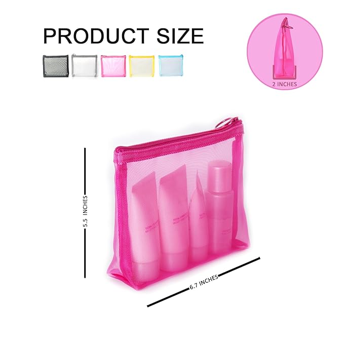Patu Widened Zipper Mesh Bags, Size M, 7" x 5.5" x 2", 5 Pieces, Beauty Makeup Cosmetic Accessories Organizer Case, Travel Toiletry Kit Set Storage Pouch, Assorted Colors
