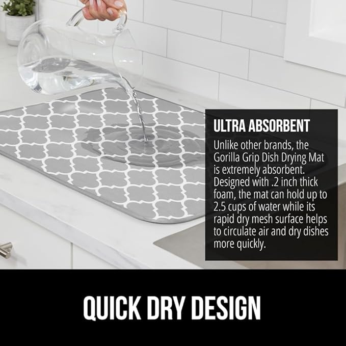 GORILLA GRIP Ultra Water Absorbent Microfiber Dish Drying Mat, 18x24, Quick Dry Mesh, Slip Resistant Pad for Sink Dishes or Under Rack, Kitchen Counter Accessories, Machine Wash, 2 Pack Quatrefoil