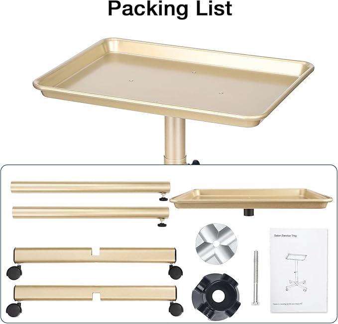 Salon Tray, Champagne Gold Salon Rolling Tray, Salon Service Tray Cart with Adjustable Height, Salon Tray on Wheels, Ideal Use As Tattoo Tray&Deantal Tray, No-Rusting