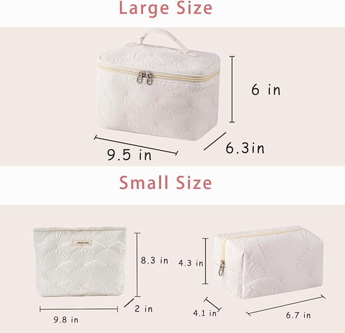 uekeboag 3Pcs White Quilted Cotton Makeup Pouch,Coquette Quilted Toiletry Bag for Women and Girls, Floral Coquette Organizer Bag, Aesthetic Travel Cosmetic Bags(3Pcs White Shell)