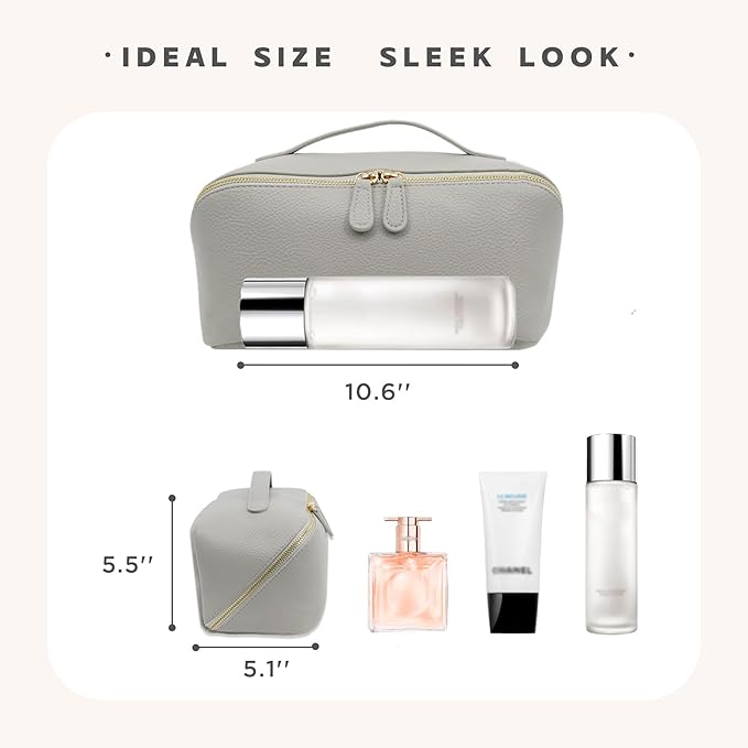 JINYIBAGS Travel Makeup Bag – Large Cosmetic Organizer with Waterproof PU Leather, Smooth Double Zipper & Tear-Resistant Lining, Toiletry Pouch for Women (Grey)