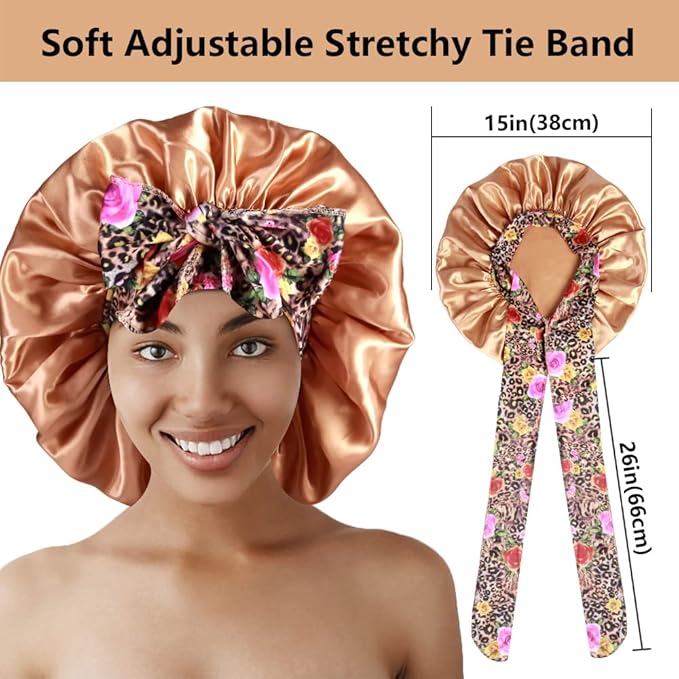 2pcs Large Silky Bonnets with tie Band Braid Bonnet, Satin Bonnet for Sleeping Curly Hair, D