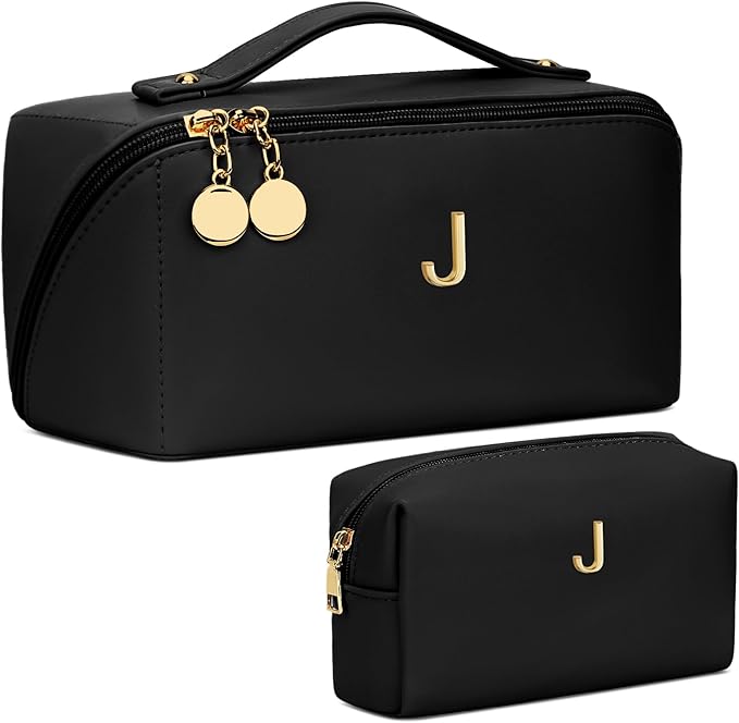 Birthday Gifts for Women Teen Girl, Personalized Initial Makeup Organizer Bag Set, Open Flat Travel Cosmetic Bag With Clear Divider and Handle(Black,J)