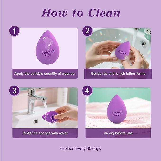 Makeup Sponge Set (4 Shapes 7 pcs) - Latex-Free Blending Sponge for Liquid, Cream & Powder, Soft Reusable Beauty Sponge for Wet/Dry Foundation Application, Face Foundation Blender (Purple)