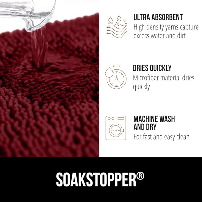GORILLA GRIP SoakSTOPPER Dog Door Mat, 70x24 Machine Washable Rug Absorbent Doormat Captures Moisture Mud Dirt, Quick Dry Soft Chenille Entryway Rugs Indoor Entrance Mats for Dog Paws, Burgundy