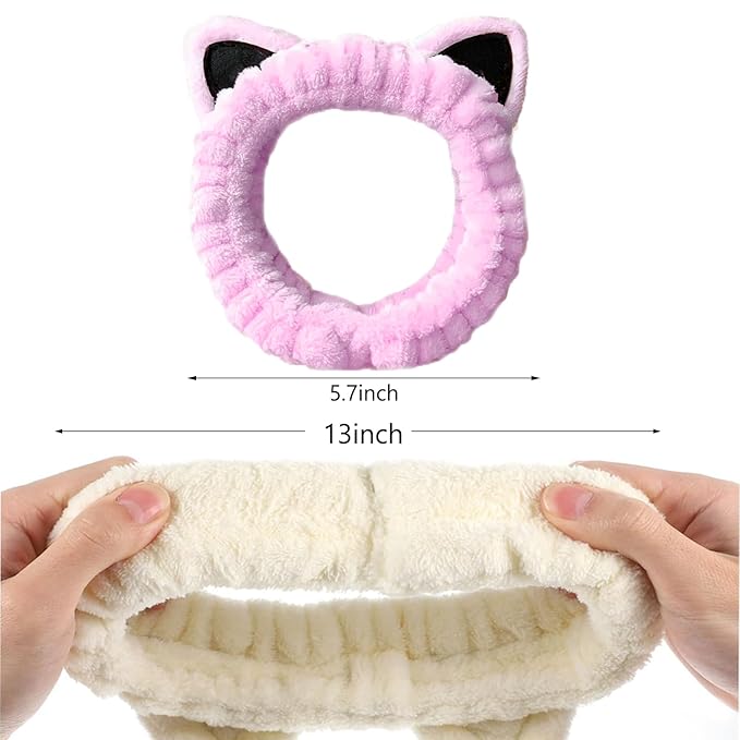 2 Pcs Cat Ears Headband, Cute Spa Headbands for Washing Face Skincare Makeup Headbands for Women Girls Trendy Stuff Present Soft Coral Fleece Hair Accessories(Purple Beige)