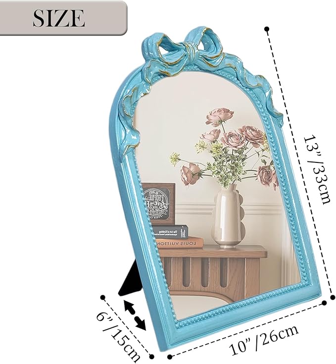Blue Bow Mirror - 13x10 Inch Perfect Elegant Decorative Accent, Wall-Mounted Tabletop Makeup Mirror for Nursery Baby Room Bedroom Decor