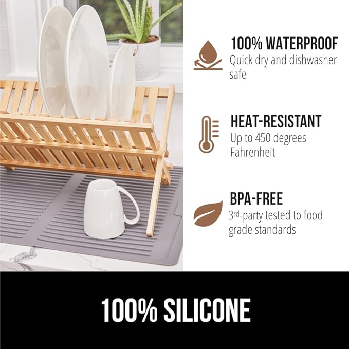 GORILLA GRIP 100% BPA-Free Patented Silicone Dish Drying Mat for Kitchen Counter, Water Catching Ribbed Design, Easy Clean Waterproof Sink Liner, Heat Resistant, Fits Under Rack, 12x16 Inch, Gray