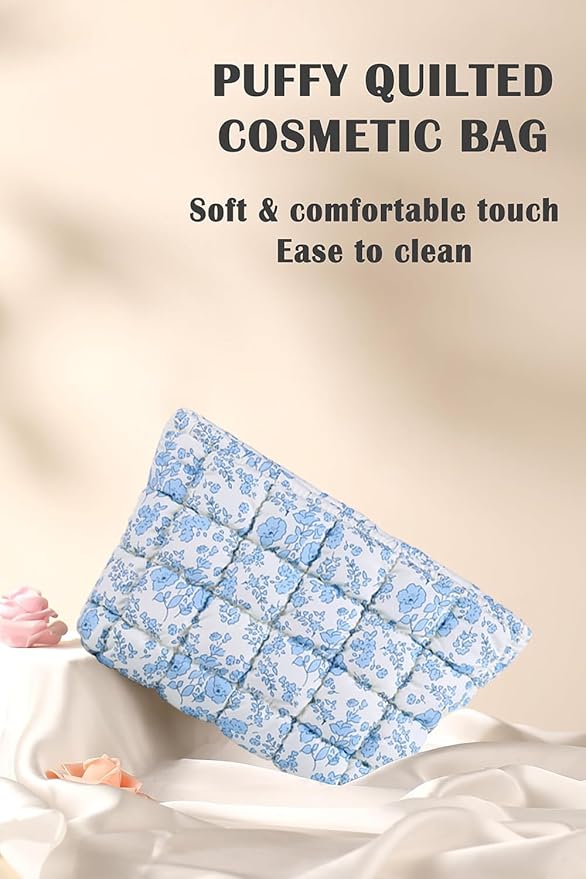 Puffy Quilted Makeup Bag, Cosmetic Bag, Travel Toiletry Organizer Pouch, Clutch for Women (Blue Floral)