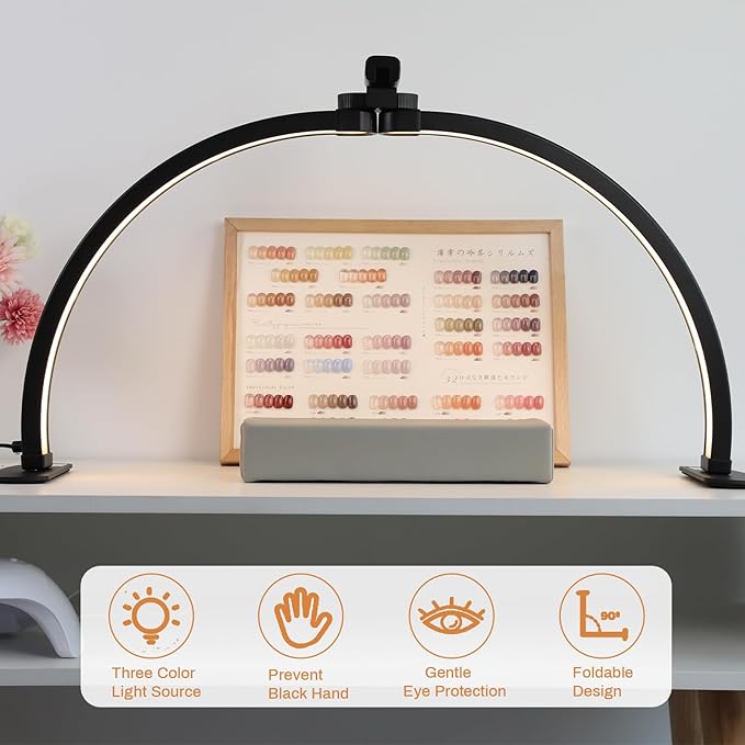 Foldable Large Half Moon LED Light for Table Nail Desk with Phone Stand, Upgrade Arch Light for Nail Techs with Wire Controller for Manicure Tattoo Beauty (Black, Large)