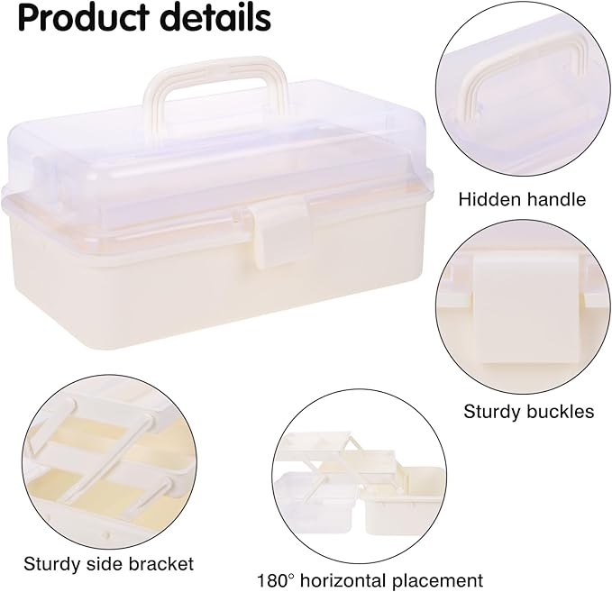 OUTUXED 12.5inch 3-Layer Multipurpose Craft Organizers, Portable Folding Toolbox, Plastic Tool Box with Handle for Sewing Supplies, Medicine, Art Supplies, Nails and Hair Accessories(White)