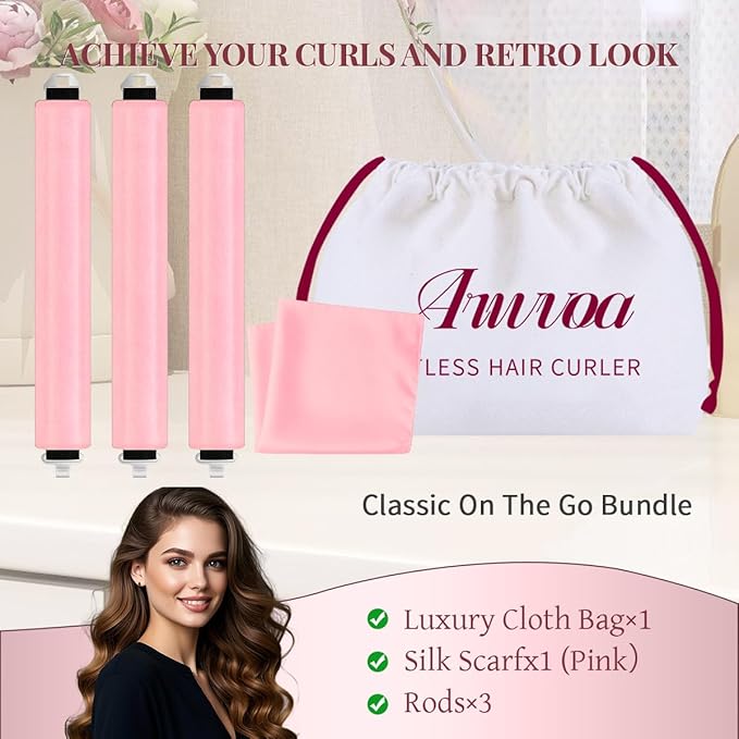 Heatless Hair Curler Heatless Curls Overnight Heatless Blowout with Luxury Cloth Bag Silk Scarf, Curling Rod Headband to Sleep in No Heat Curling with (Pink, 3Rods)