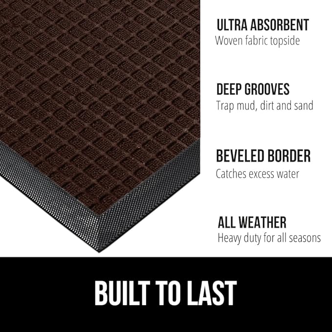 GORILLA GRIP 100% Waterproof All-Season WeatherMAX Doormat, 34x58, US Designed Natural Rubber, Stain and Fade Resistant, Low Profile Indoor Outdoor Door Mats, Easy Clean Patio Mat, Coffee Squares