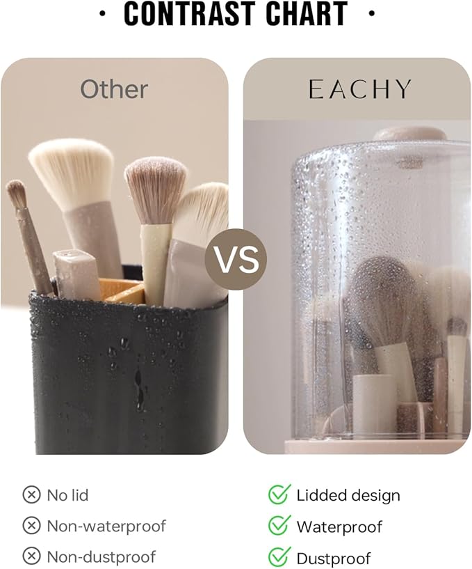 EACHY Makeup Brush Holder 360° Rotating with Dustproof Lid, Waterproof Material, 7 Compartments for Organized Storage, Stylish and Durable Design for Vanity (Pink)