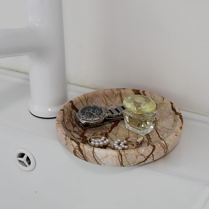 Natural Travertine Marble Jewelry Dish 5.5", Trinket Dish for Ring Earring, Gift for Woman Daugther(Pink Marble)
