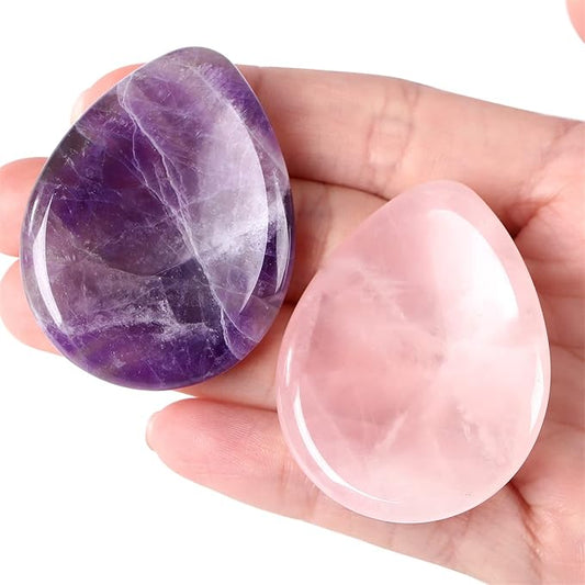 2PCS Thumb Worry Stone Rose Quartz Amethyst Healing Crystals Sets Hand Carved Stones Gemstone Pocket Natural Stone Meditation Reiki Water Drop Shaped Palm Stone for Anxiety Therapy