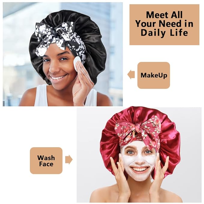2pcs Large Silky Bonnets with tie Band Braid Bonnet, Satin Bonnet for Sleeping Curly Hair, C