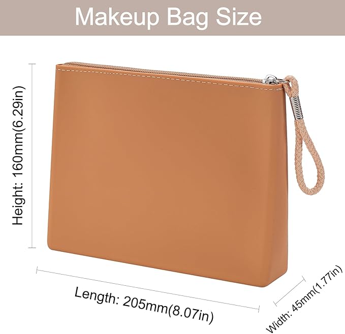 Silicone Makeup Bag for Purse Zipper Cosmetic Pouch Makeup Brush Holder Large Makeup Organizer Silicone Travel Pouch for Women (Light Brown)